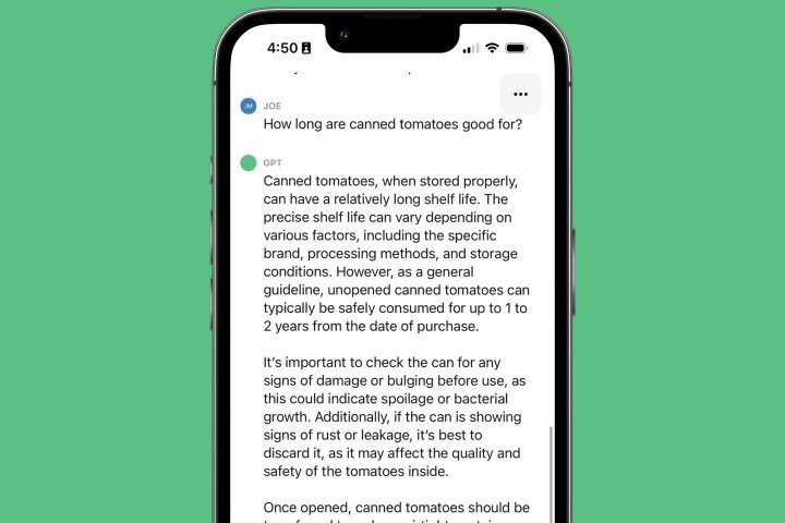 ChatGPT: the latest news, updates, and helpful tips 7 The ChatGPT iPhone app answering the question "how long are canned tomatoes good for."