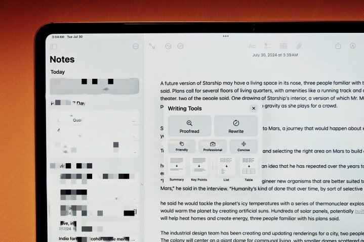 كل ميزات Apple Intelligence التي يمكنك استخدامها في الإصدار التجريبي من iOS 18.1 3 أدوات الكتابة في Apple Notes.