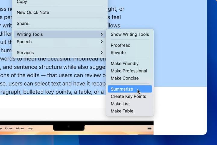 لقد جربت أحدث حيل Apple Intelligence في macOS Sequoia 4 يتم استخدام Apple Intelligence في macOS Sequoia لتلخيص مجموعة مختارة من النص.